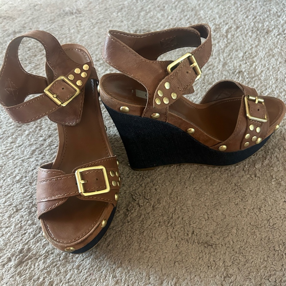 Brown Wedge Sandals with Gold Accents